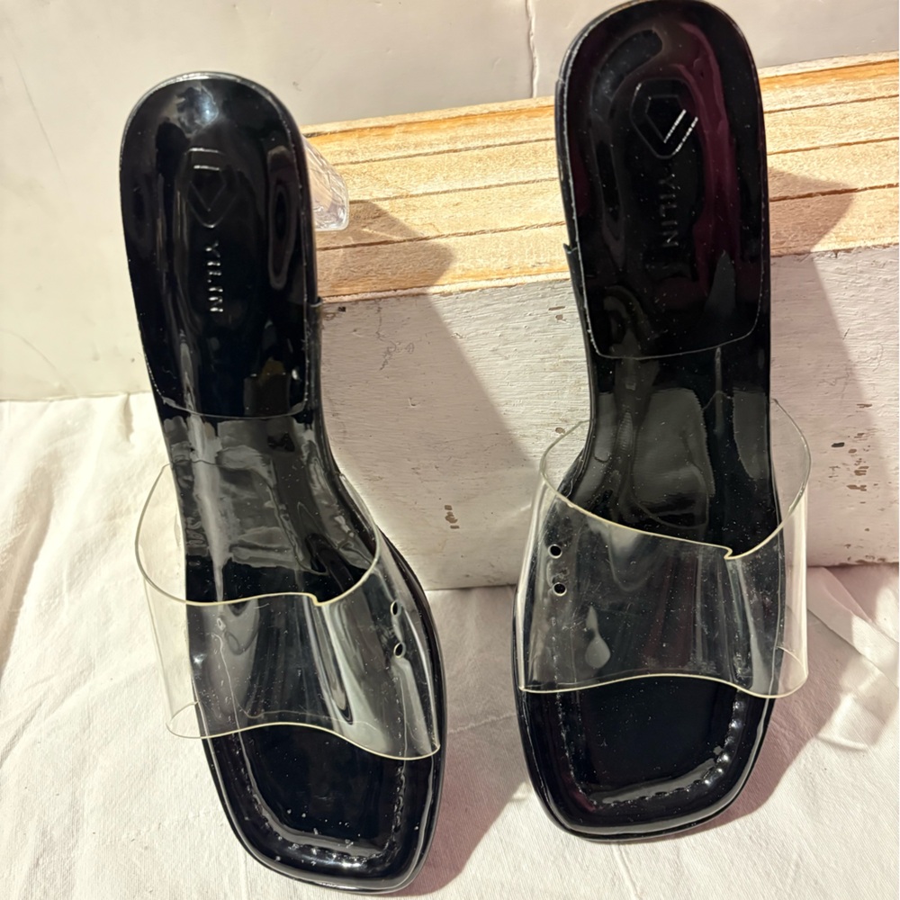 Women's Black and Clear Slide Sandals